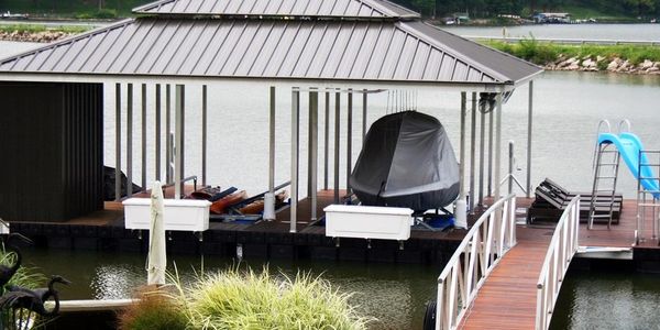 Double hip roof, aluminum boat dock, boat dock with slide