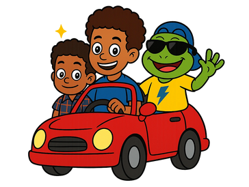 Two kids and a cool frog in sunglasses enjoying a ride in a red car.