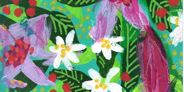 Pink lilies on a teal background with the green leaves.