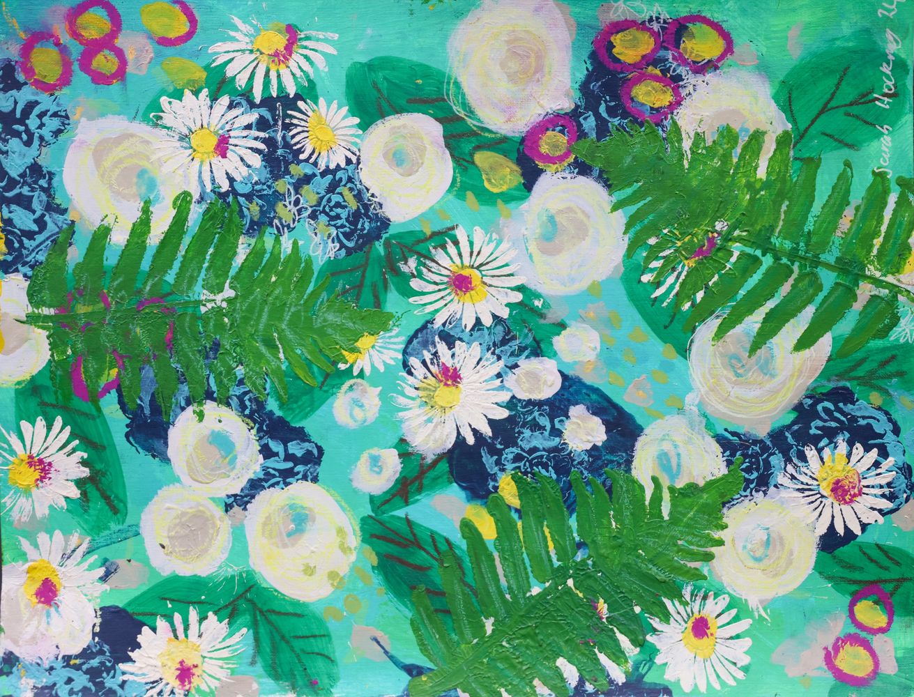 Turquoise background with white roses and daisies and scattered leaves.