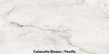 Calacutta Bianco Porcelain features a bright white or off-white background with distinct gray veini