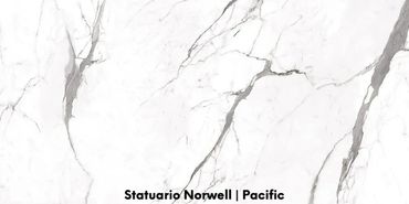 Statuario Norwell Porcelain features a white background with thin, soft gray veining. This marble-lo