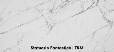 Statuario Fantastico porcelain is a high-impact look and features a clean, white base with bold, dra