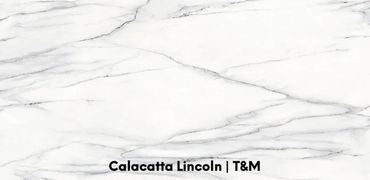 Calacatta Lincoln porcelain features a white or off-white base with distinct, often directional, cha