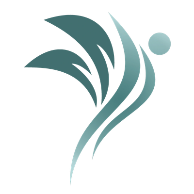 Abstract logo with flowing lines and leaf shapes.