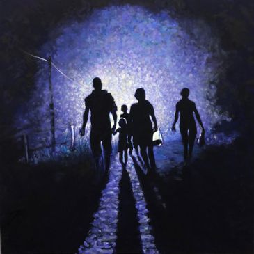 Migrant family walking in the night light