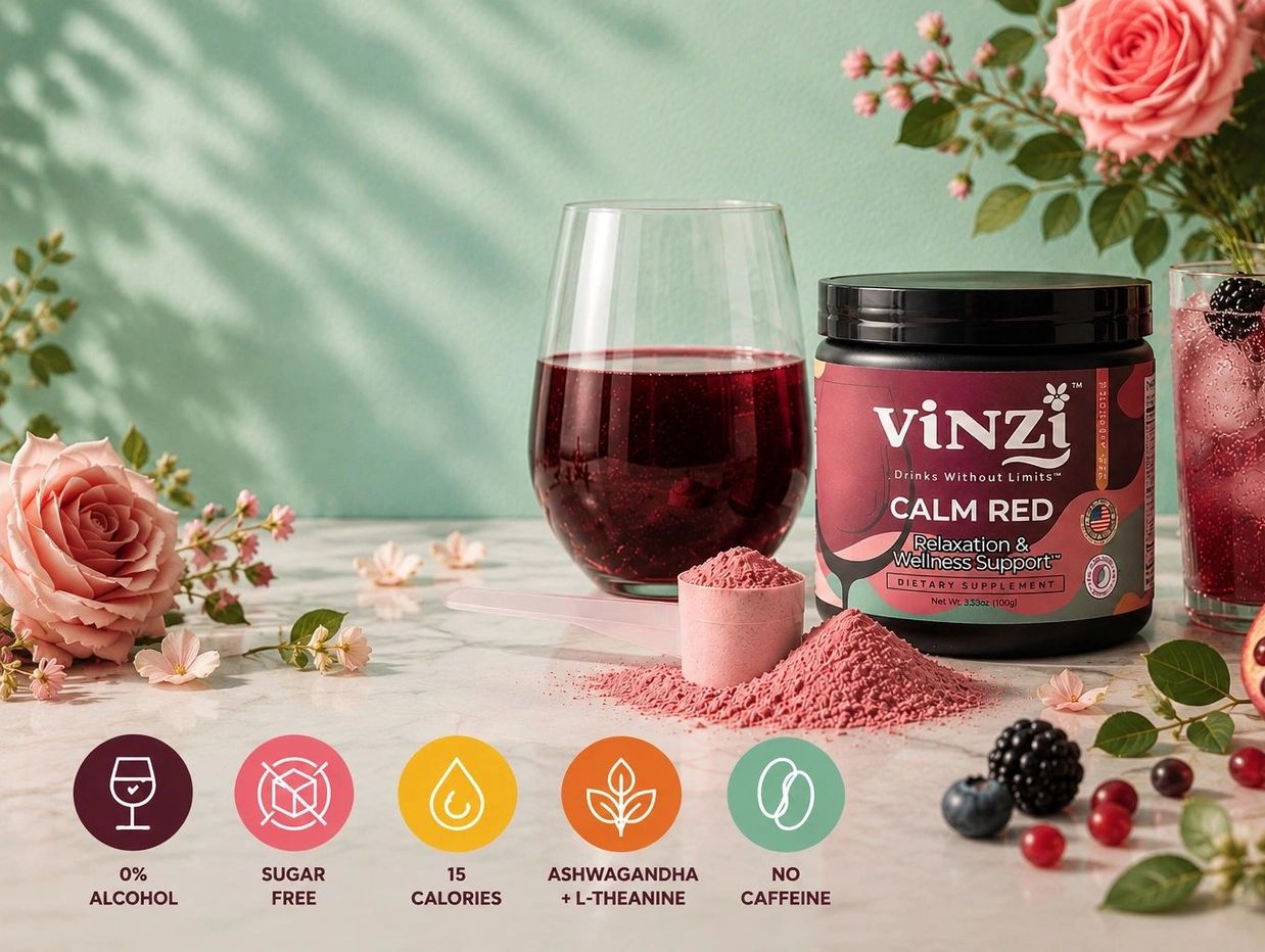 Vinzi Calm Red dietary supplement for relaxation and wellness.