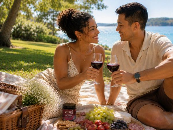 Couple enjoying a picnic with wine and fruits near the water.