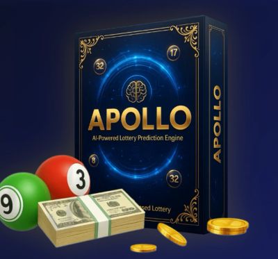 APOLLO AI-powered lottery prediction engine with lottery balls and money.