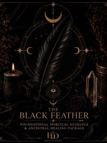 Mystical black feather with celestial symbols and candlelight.