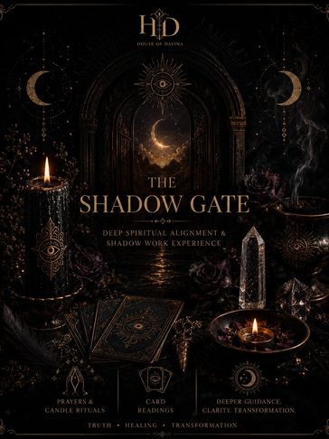 Mystical poster for The Shadow Gate spiritual experience with candles, crystals, and tarot cards.