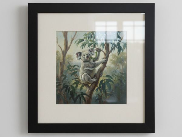 Framed painting of a koala sitting on a tree branch eating leaves.