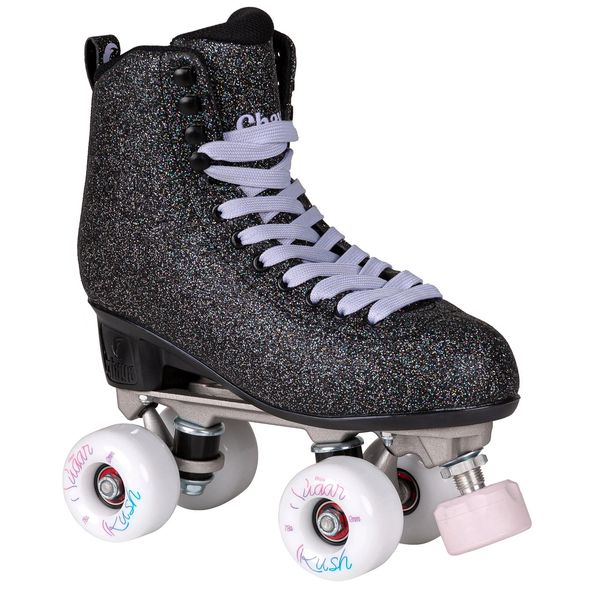 Black glittery roller skate with white wheels and purple laces.