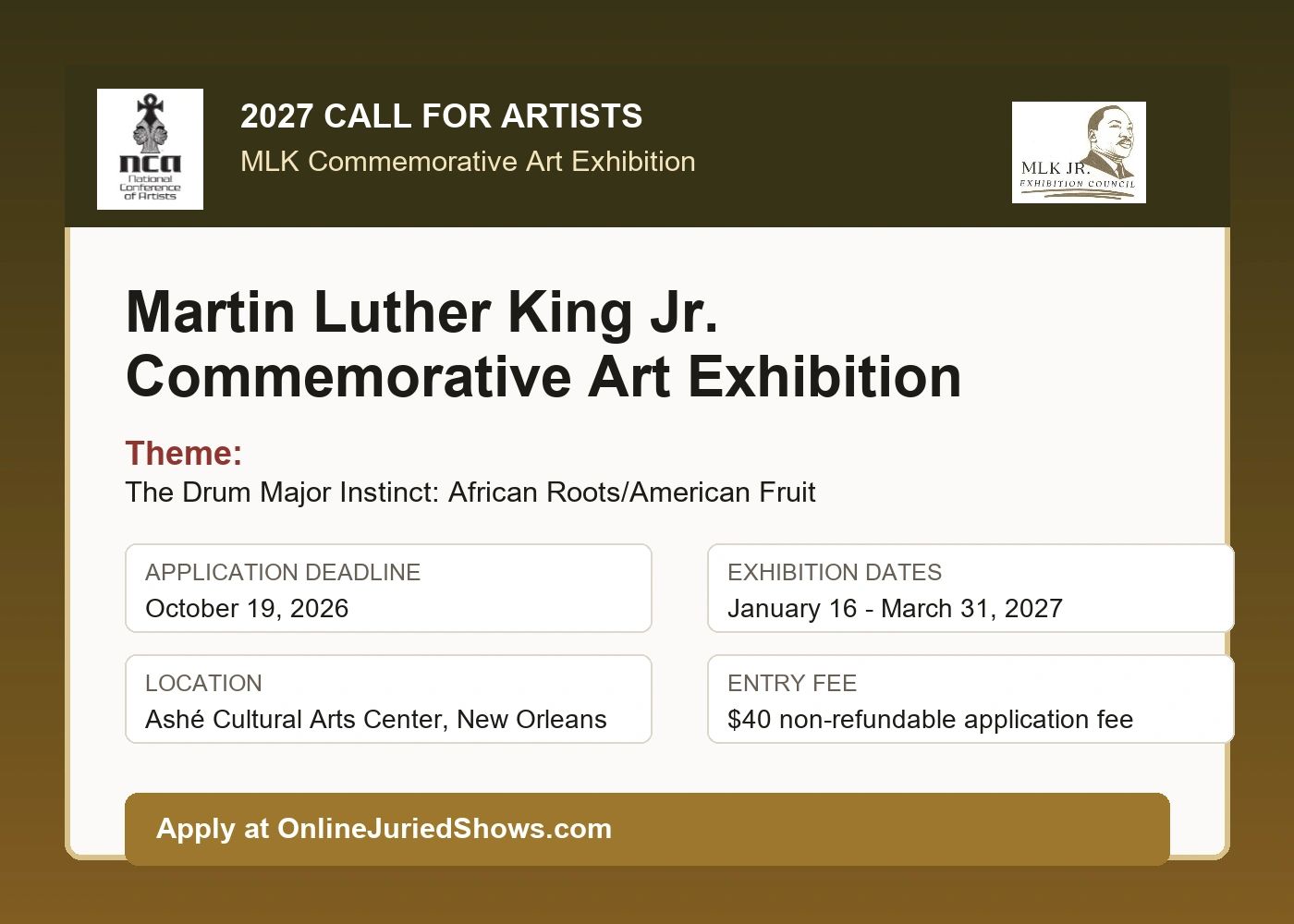 2027 Call for Artists for the MLK Commemorative Art Exhibition, including the theme, deadline, dates