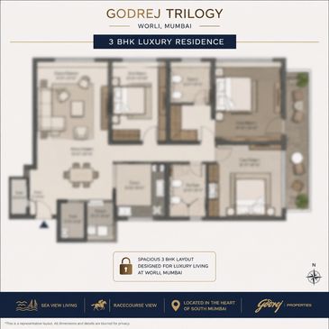 Floor plan of a 3 BHK luxury residence in Godrej Trilogy, Worli, Mumbai.