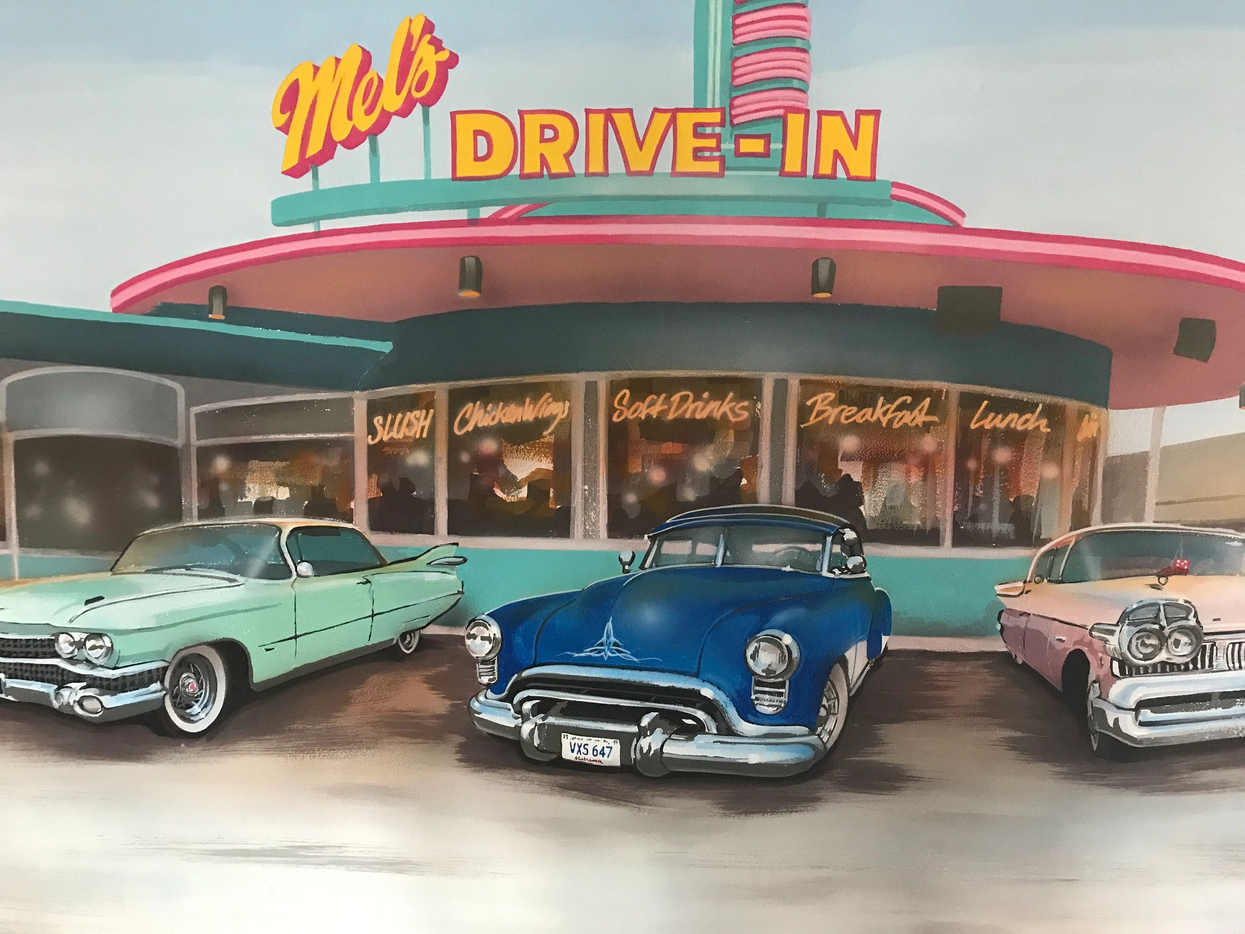Mel's Drive in themed wall art mural