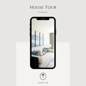 Minimalist house tour invitation with a phone showing a modern living room.