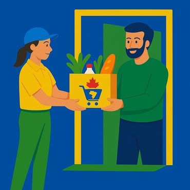 Delivery person handing groceries to a man at his door.