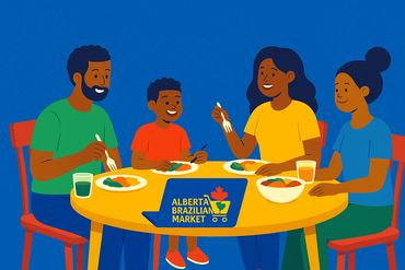 Family enjoying a meal together with Alberta Brazilian Market branding.