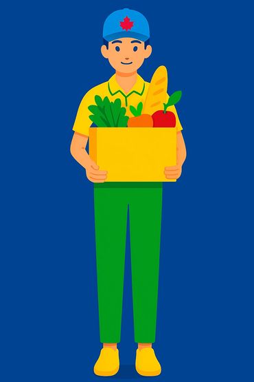Person holding a box of groceries with vegetables and bread.