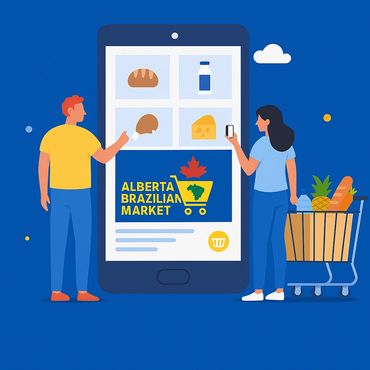 Two people using a mobile app to shop at Alberta Brazilian Market.