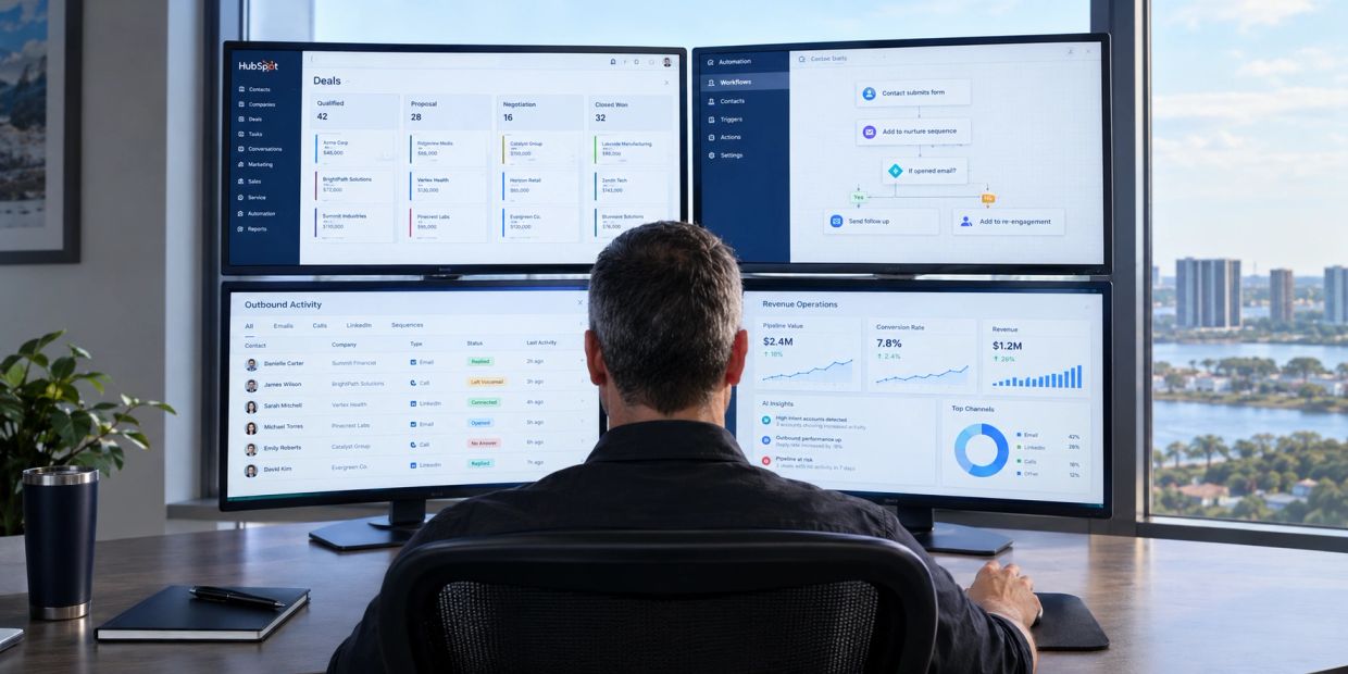 Person analyzing sales and marketing data on multiple monitors.