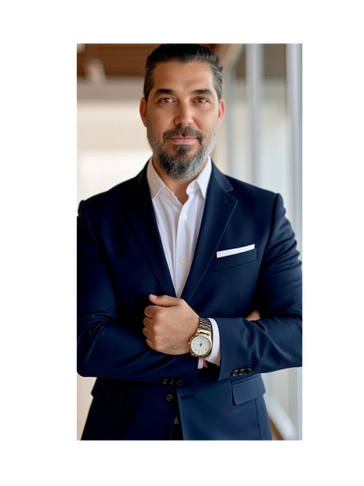 Confident man in navy suit with crossed arms and watch.