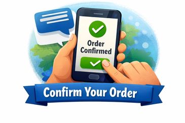 Hand holding phone displaying 'Order Confirmed' with 'Confirm Your Order' banner.