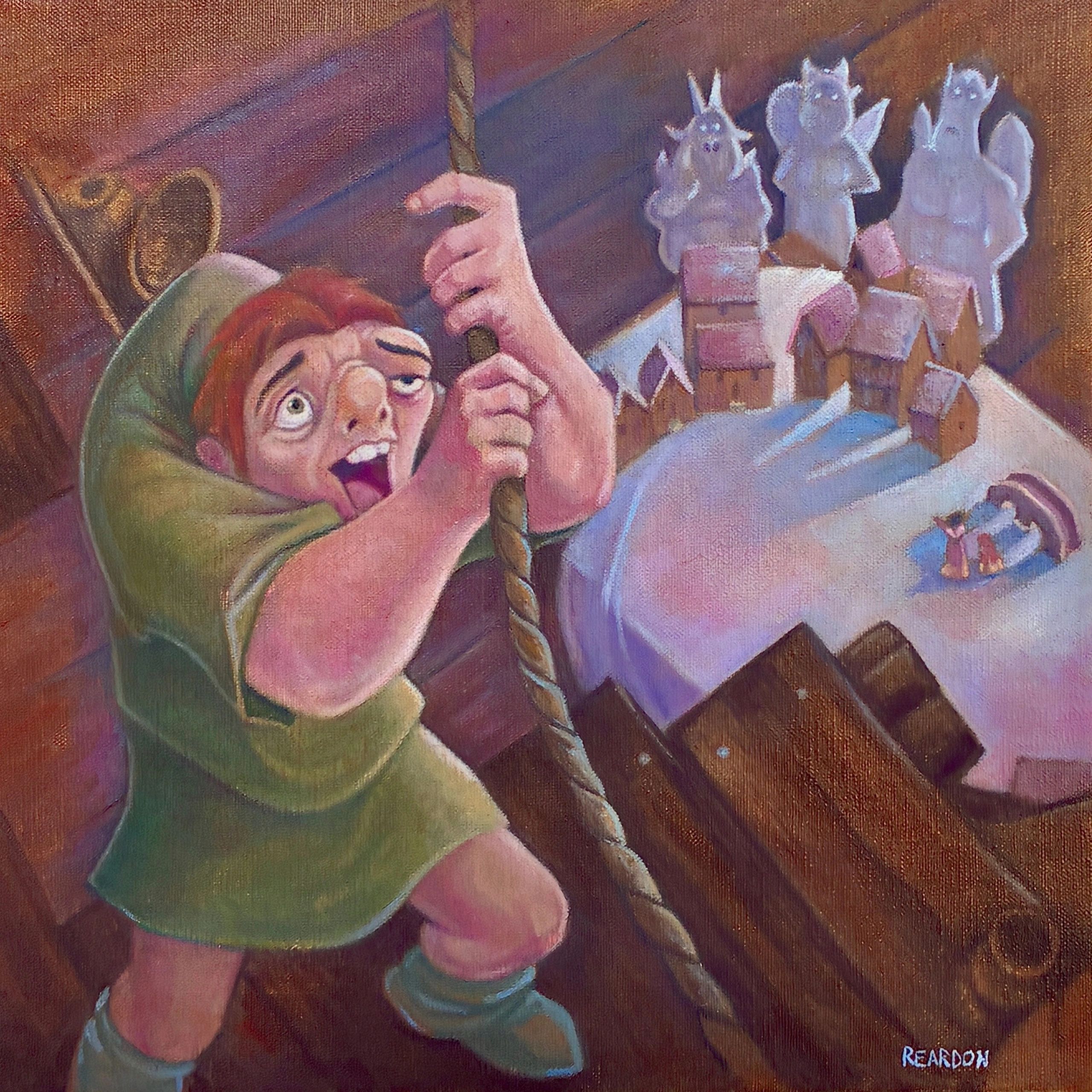 A frightened man clutching a rope near a table with ghostly figures.