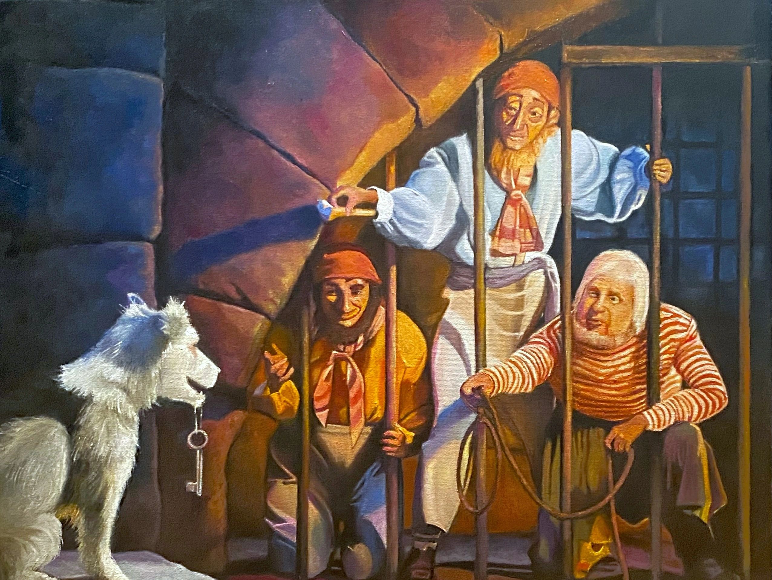 Three prisoners behind bars and a white dog holding a key.
