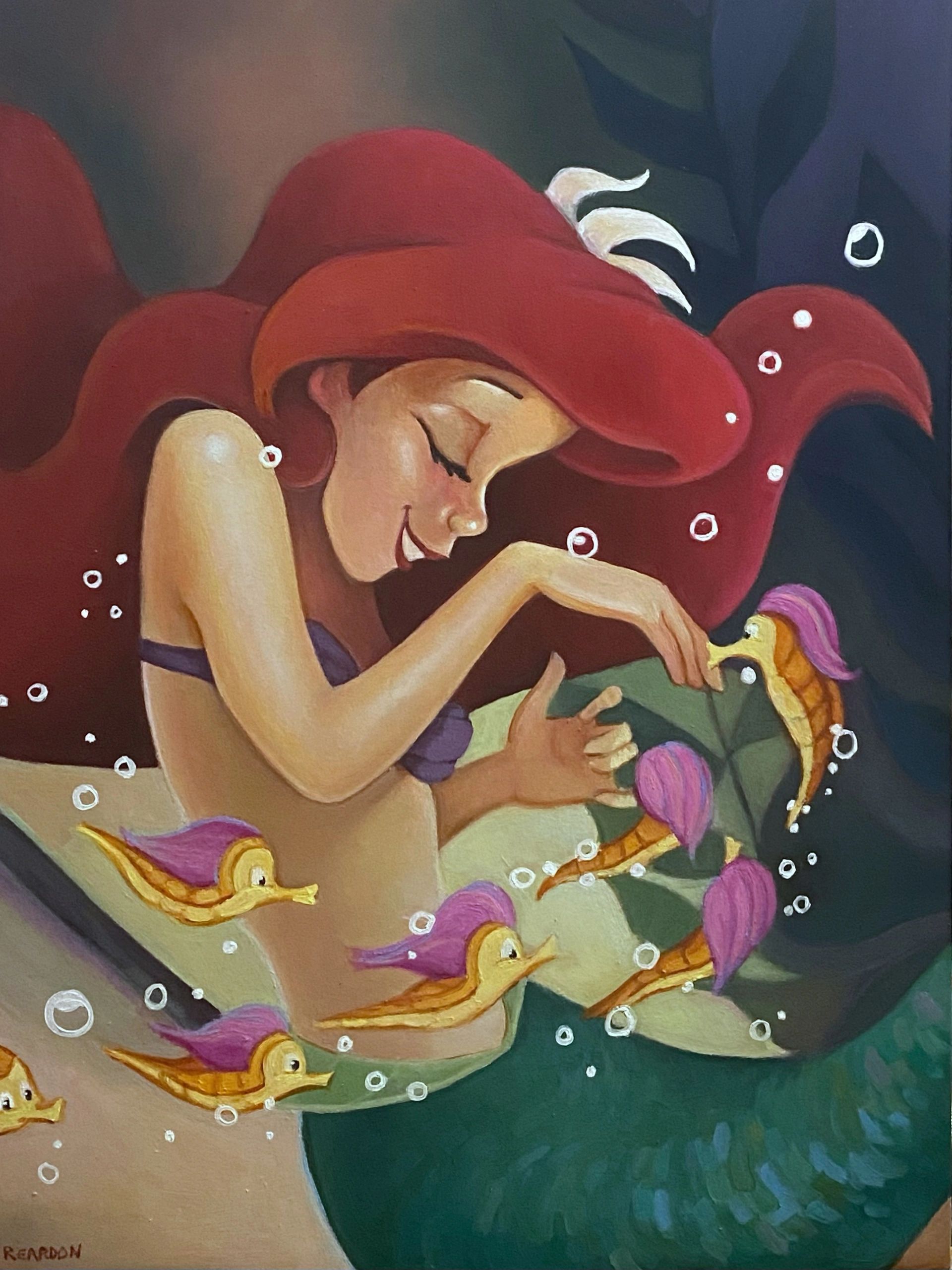 Painting of a girl with flowing red hair interacting with seahorses underwater.