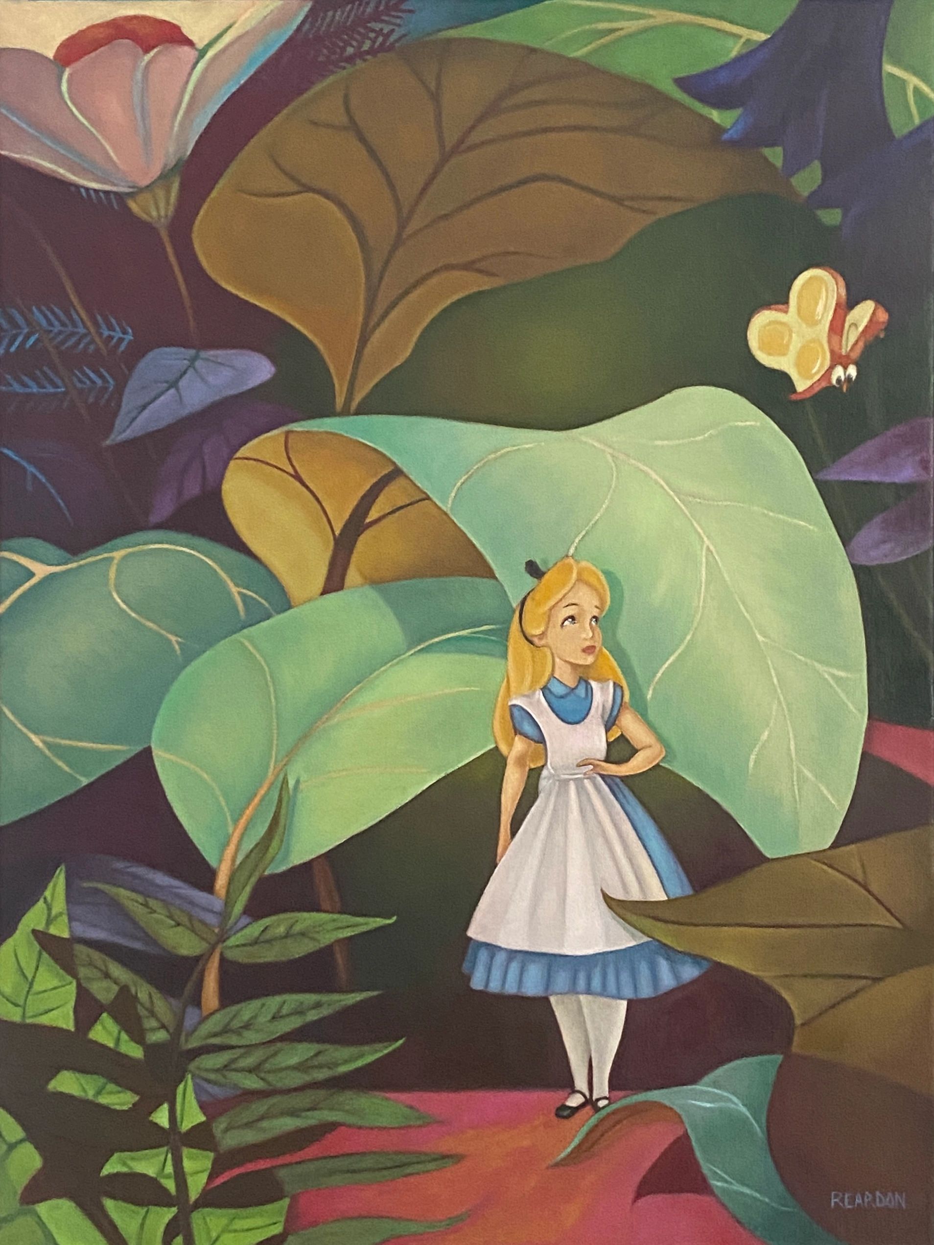 Painting of Alice in Wonderland surrounded by large leaves and a butterfly.
