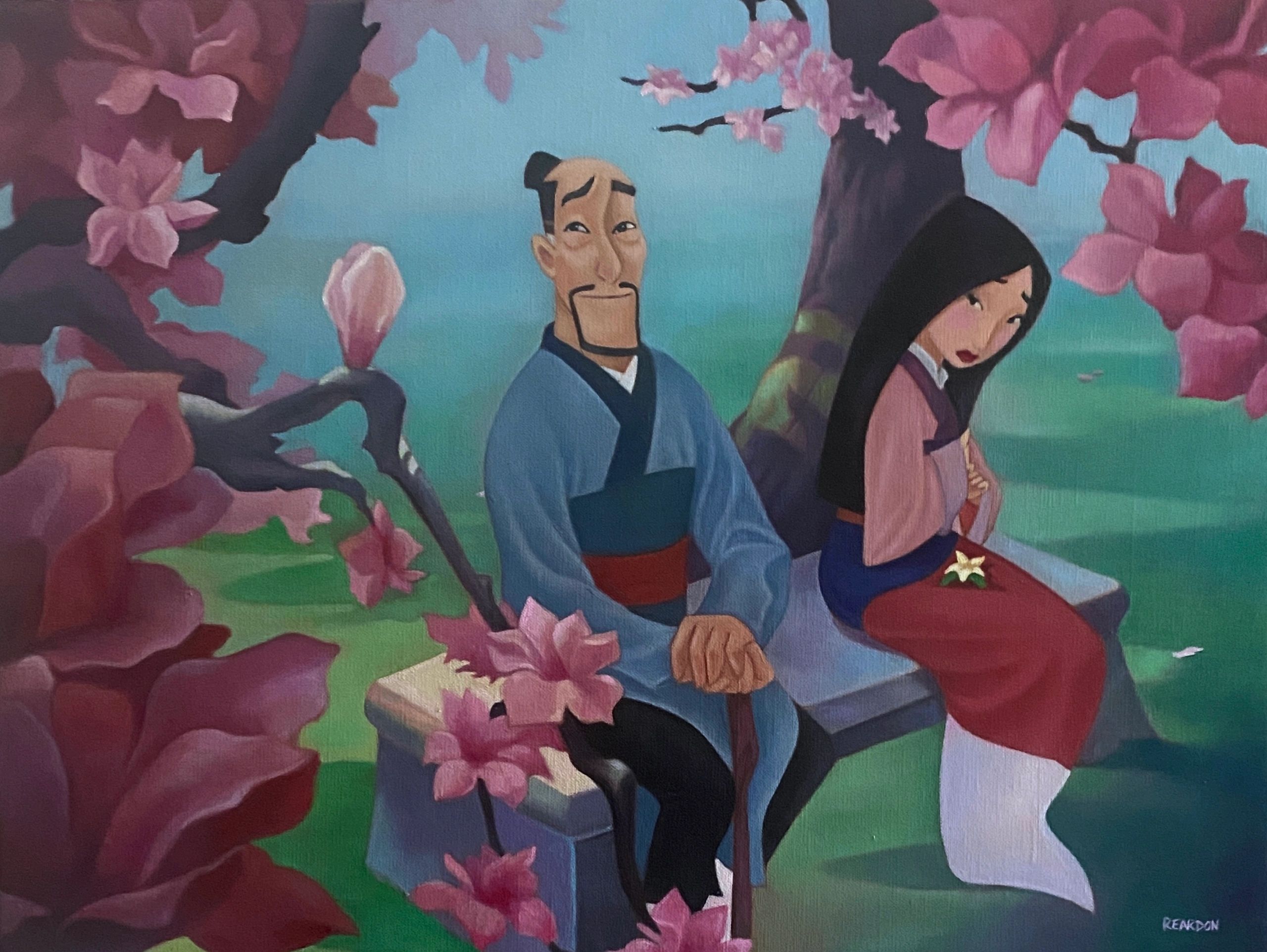 Man and woman sitting under cherry blossom trees.