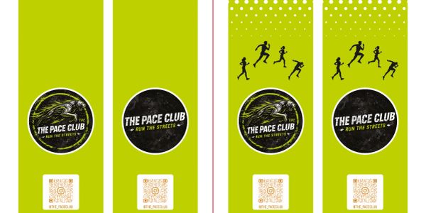 Green banners for The Pace Club with running silhouettes and QR codes.