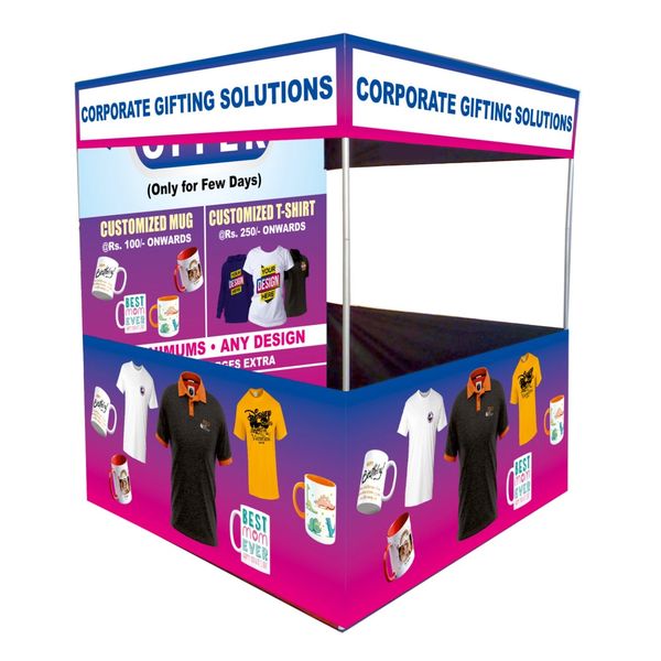 Corporate gifting booth offering customized mugs and T-shirts with various designs.