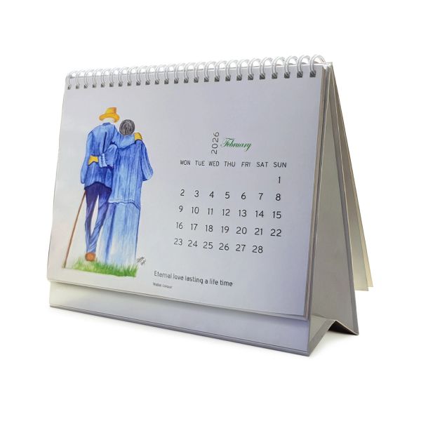 Desk calendar showing February 2026 with elderly couple illustration.