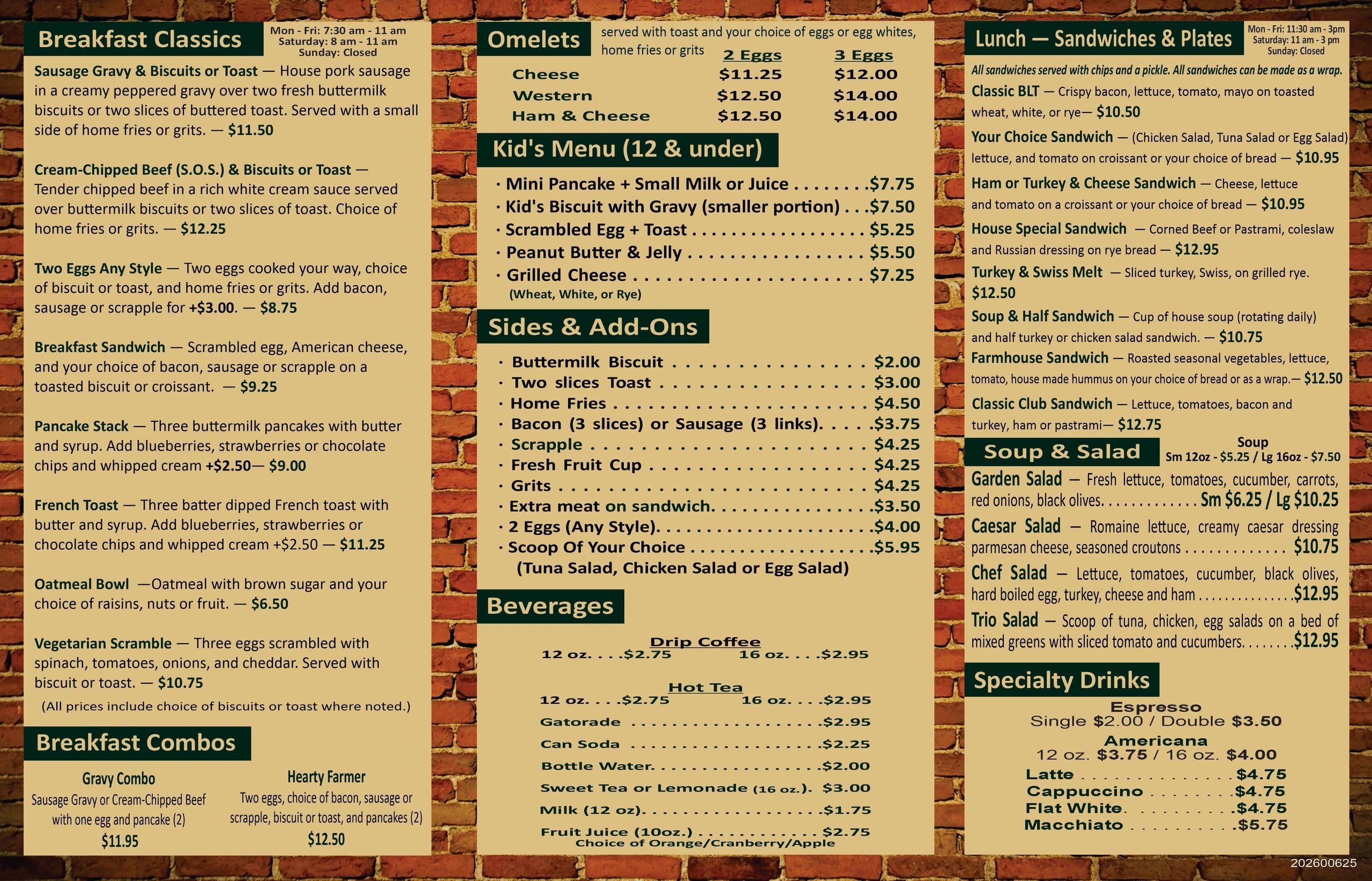 Breakfast, lunch, omelets, kid's menu, sides, and beverages menu on brick background.