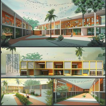 Architectural renderings of a modern, colorful school with large windows open courtyards & lush lawn