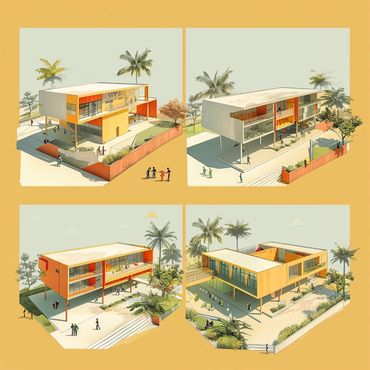 Architectural renderings of a modern, colorful school with large windows open courtyards & lush lawn