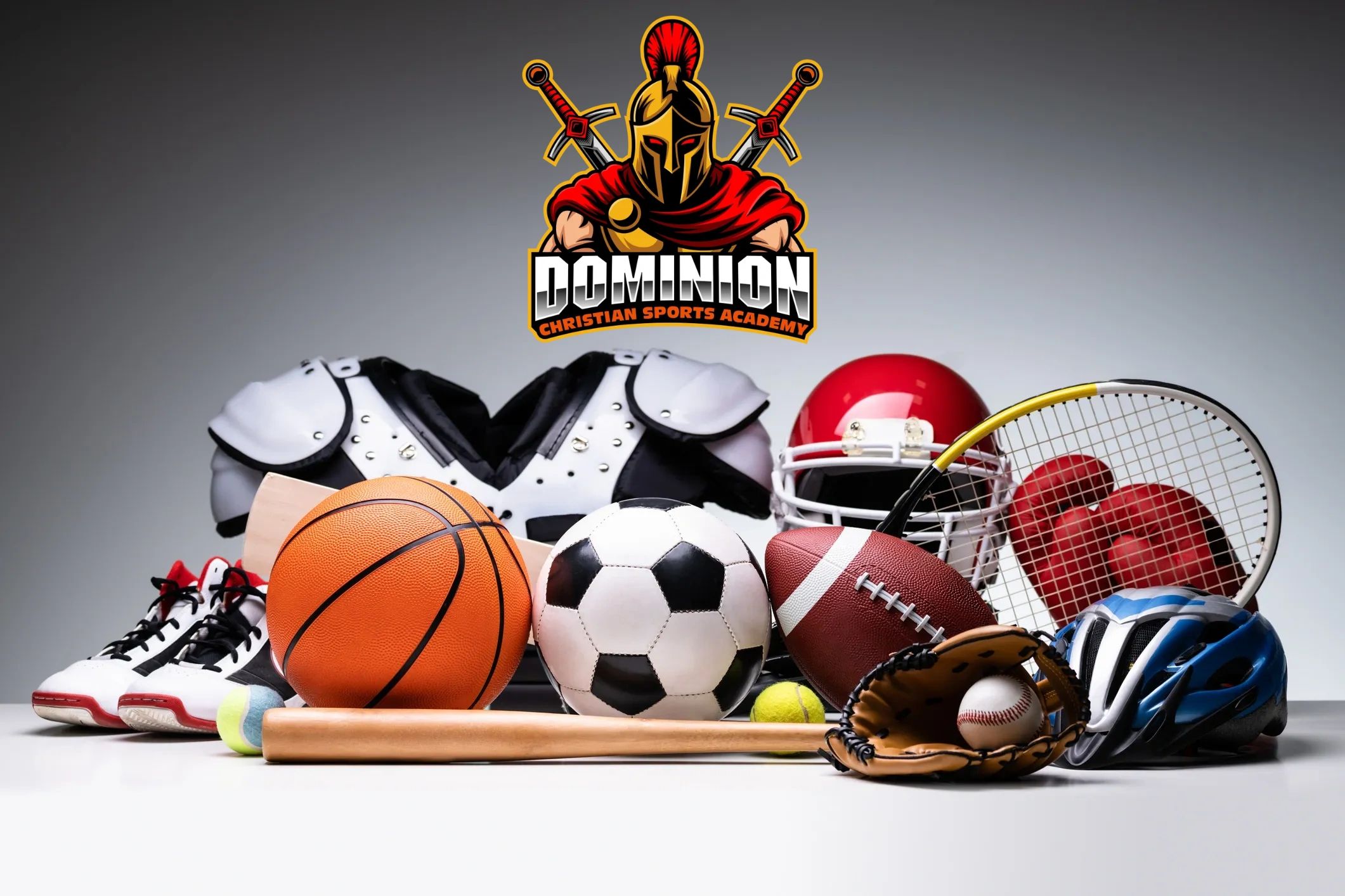 Various sports equipment including balls, shoes, helmets, and gloves arranged on a white surface.