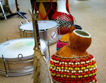 An assortment of Brazilian and African percussion instruments.