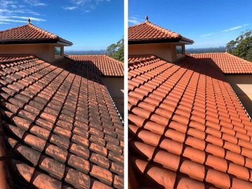 Before and after roof tile cleaning.