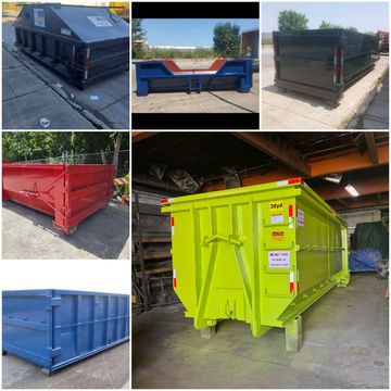 Various colored industrial dumpsters in different settings.