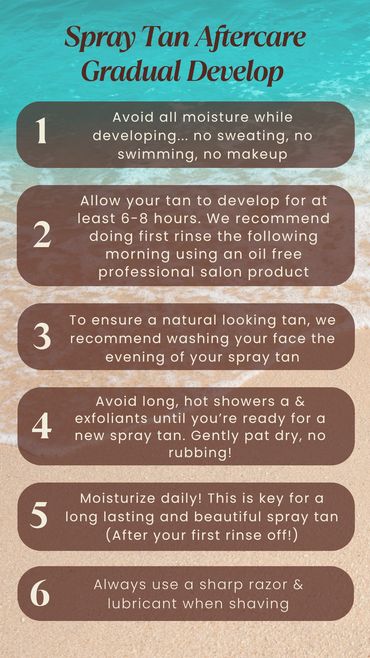 Gradual Develop Spray Tan aftercare: avoid moisture 4-6 hrs, rinse gently, moisturize daily.