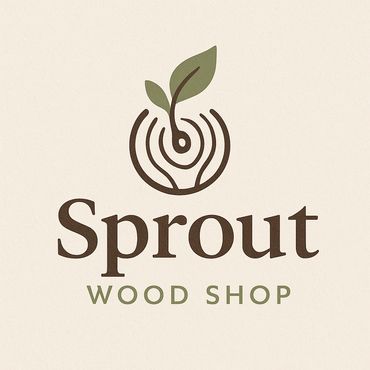 Logo for Sprout Wood Shop featuring hands holding a sprouting plant.
