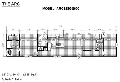 Floor plan of a rectangular house with three bedrooms and two bathrooms.