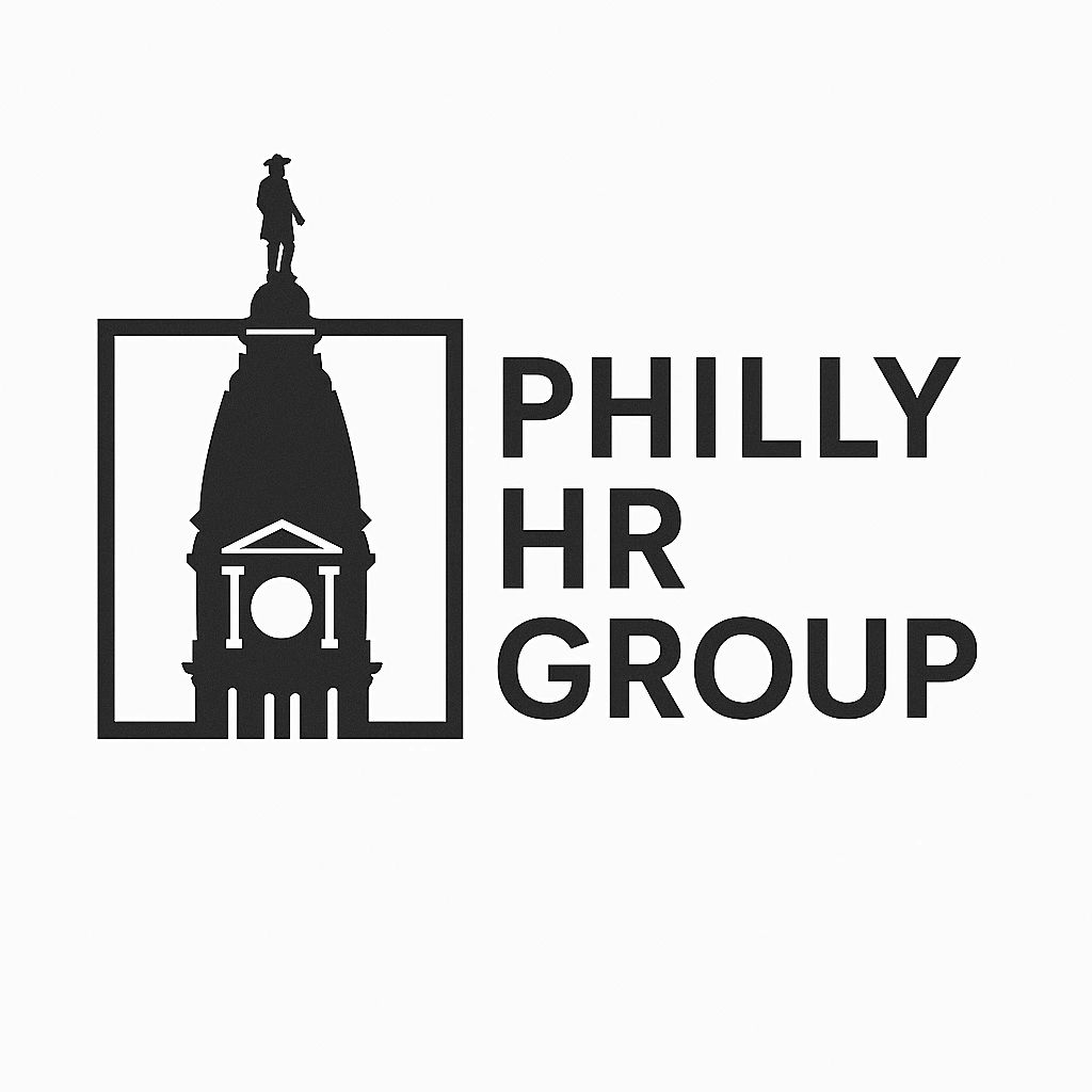 Logo of Philly HR Group featuring a stylized city hall tower and text.