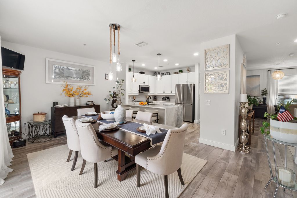 Modern dining room with a wooden table set