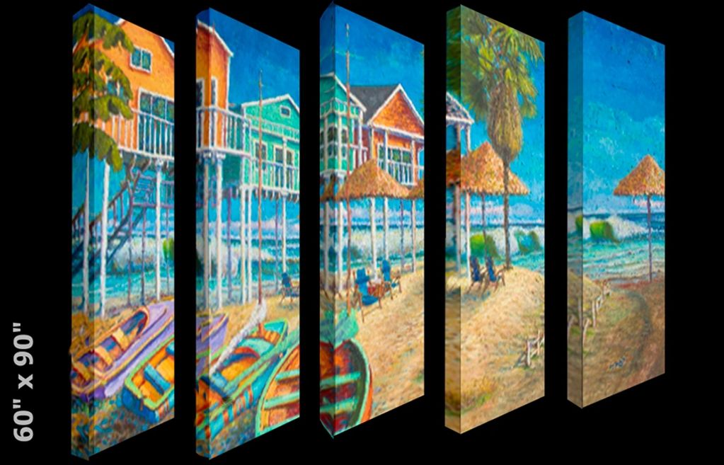 Beach Decor wall art,boats, houses on stilte,ocean,waves.palm tree,large art,heard,art gallery