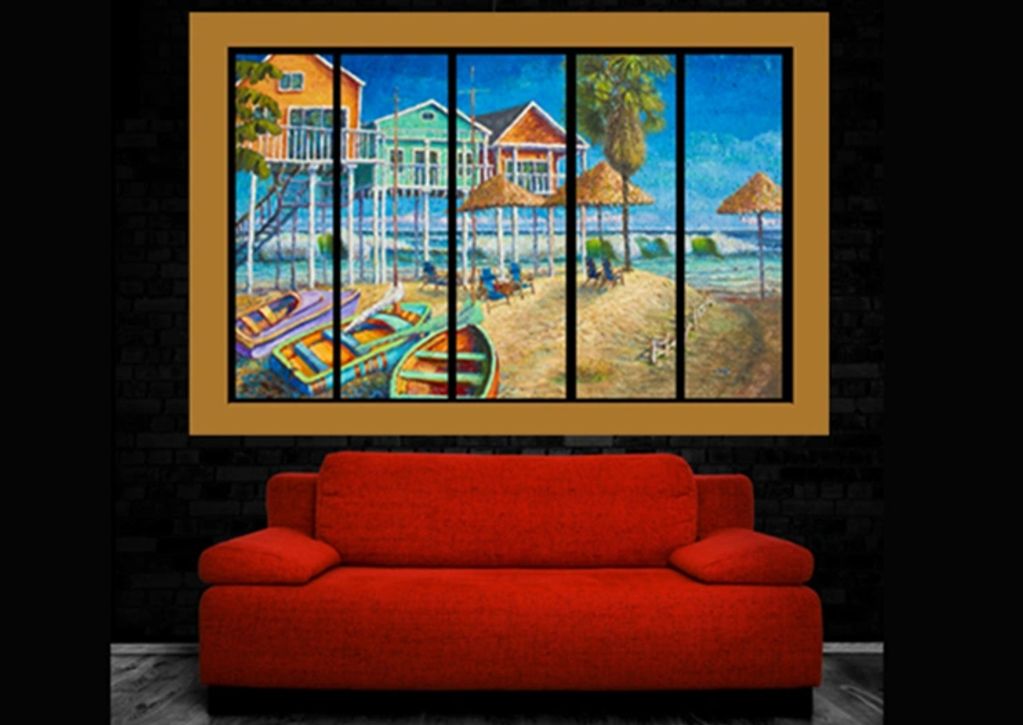Beach Decor wall art,boats, houses on stilte,ocean,waves.palm tree,large art,heard,art gallery